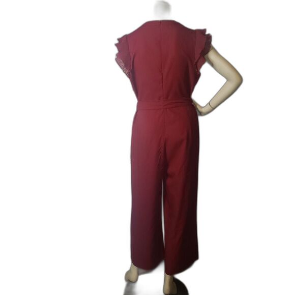 SHEIN Jumpsuit Womens XL Red Ruffle Sleeve Belted Keyhole Back Wide Leg Romper - Picture 9 of 10